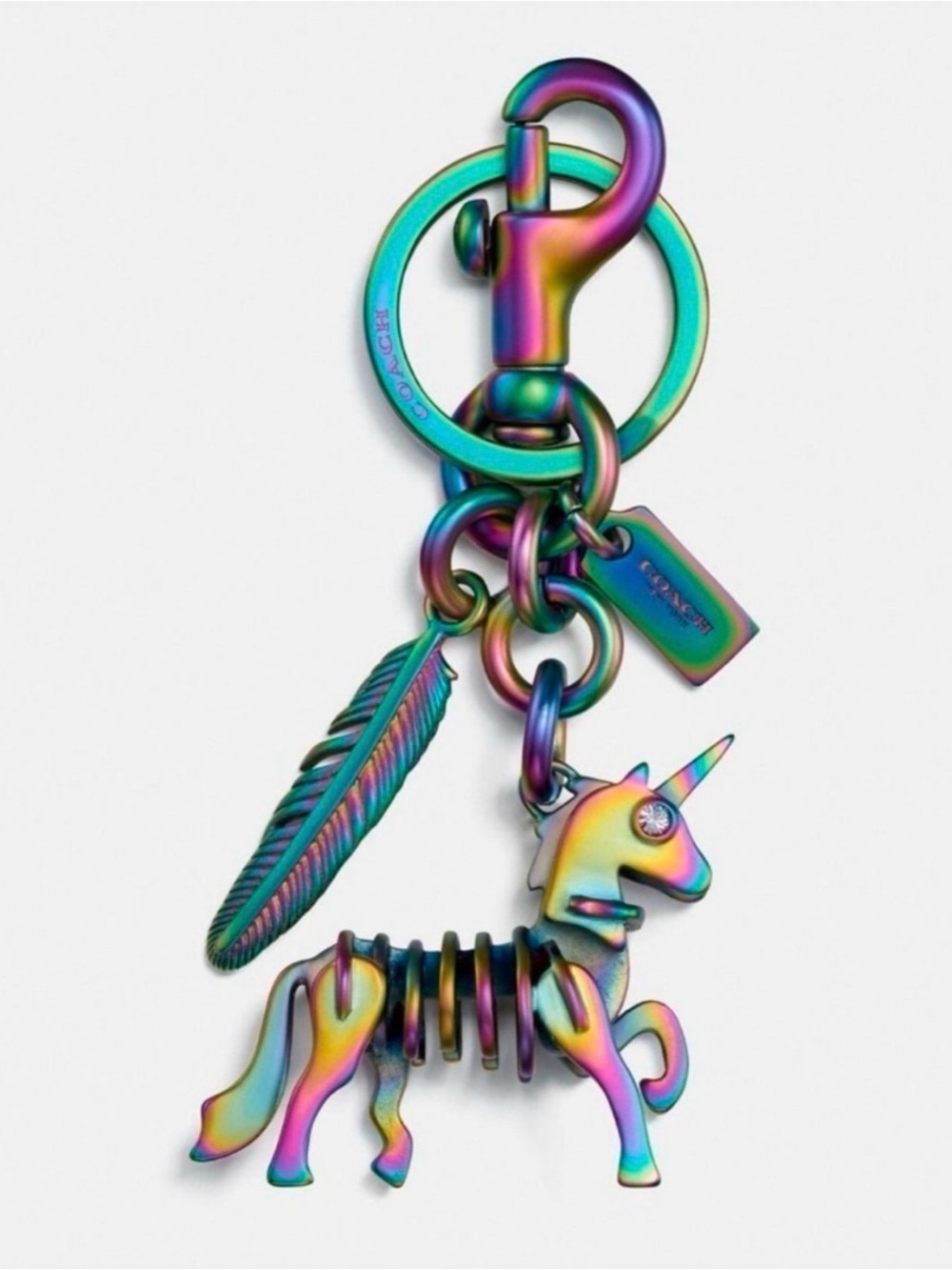 Coach Unicorn Bag Charm Key Fob Oil Slick Hologram Metal New